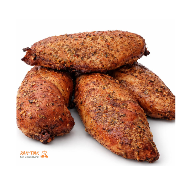 Barquettes de Blanc de Poulet Fumé Épicé -1kg avant fumage